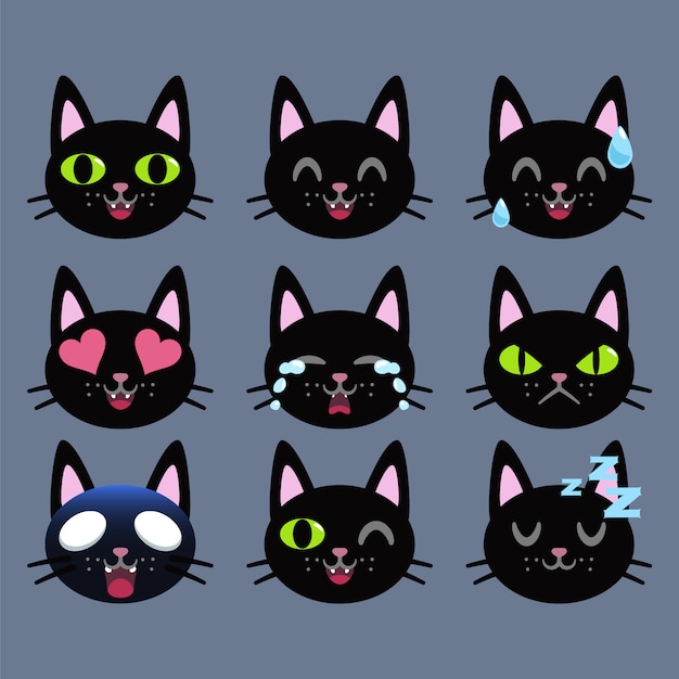 Premium Vector | Set of black cat emoticon sticker isolated
