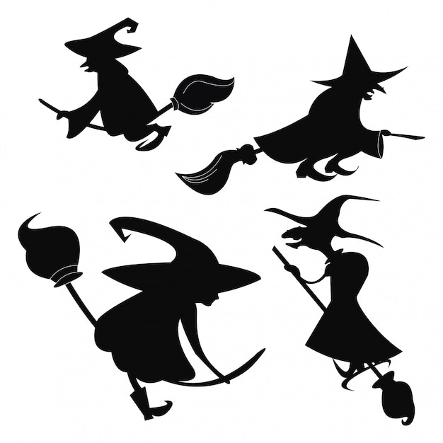 Premium Vector | Set of black silhouettes of witches flying on a ...