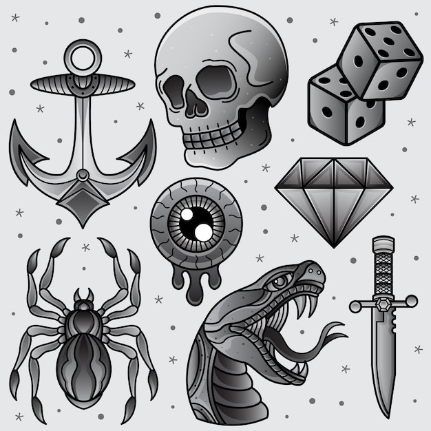 Premium Vector Set black and white flash tattoo