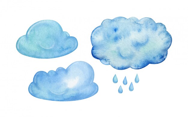 Premium Vector Set Of Blue Rainy Clouds And Rain Hand Painted In Watercolor Isolated On White Background