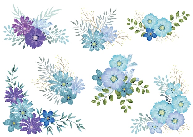 Free Vector Set Of Blue Watercolor Floral Elements Isolated On A White