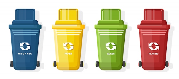 Free Vector | Set of blue, yellow, green and red trash can with lid and ...