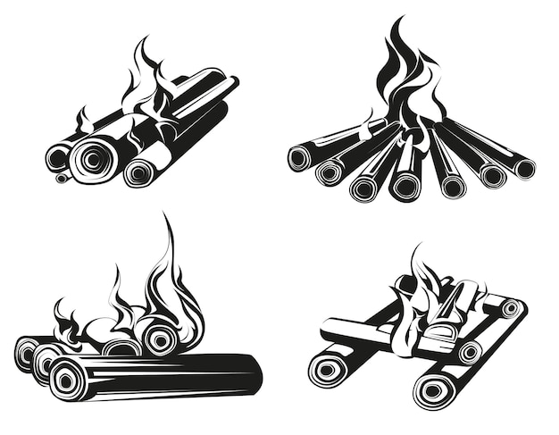 Premium Vector | Set of bonfires in monochrome style. burning wood logs.