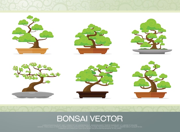 Set of bonsai  plant in the pot  illustration vector  flat 