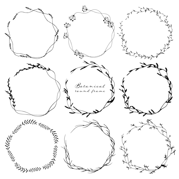 Set of botanical round frame, hand drawn flowers. Premium Vector