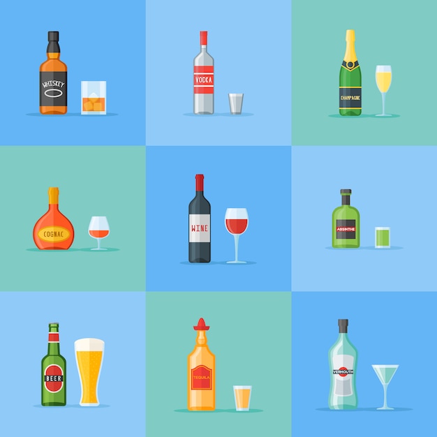 Premium Vector Set Of Bottles And Glasses With Alcohol Drinks Flat Style Icons 1190