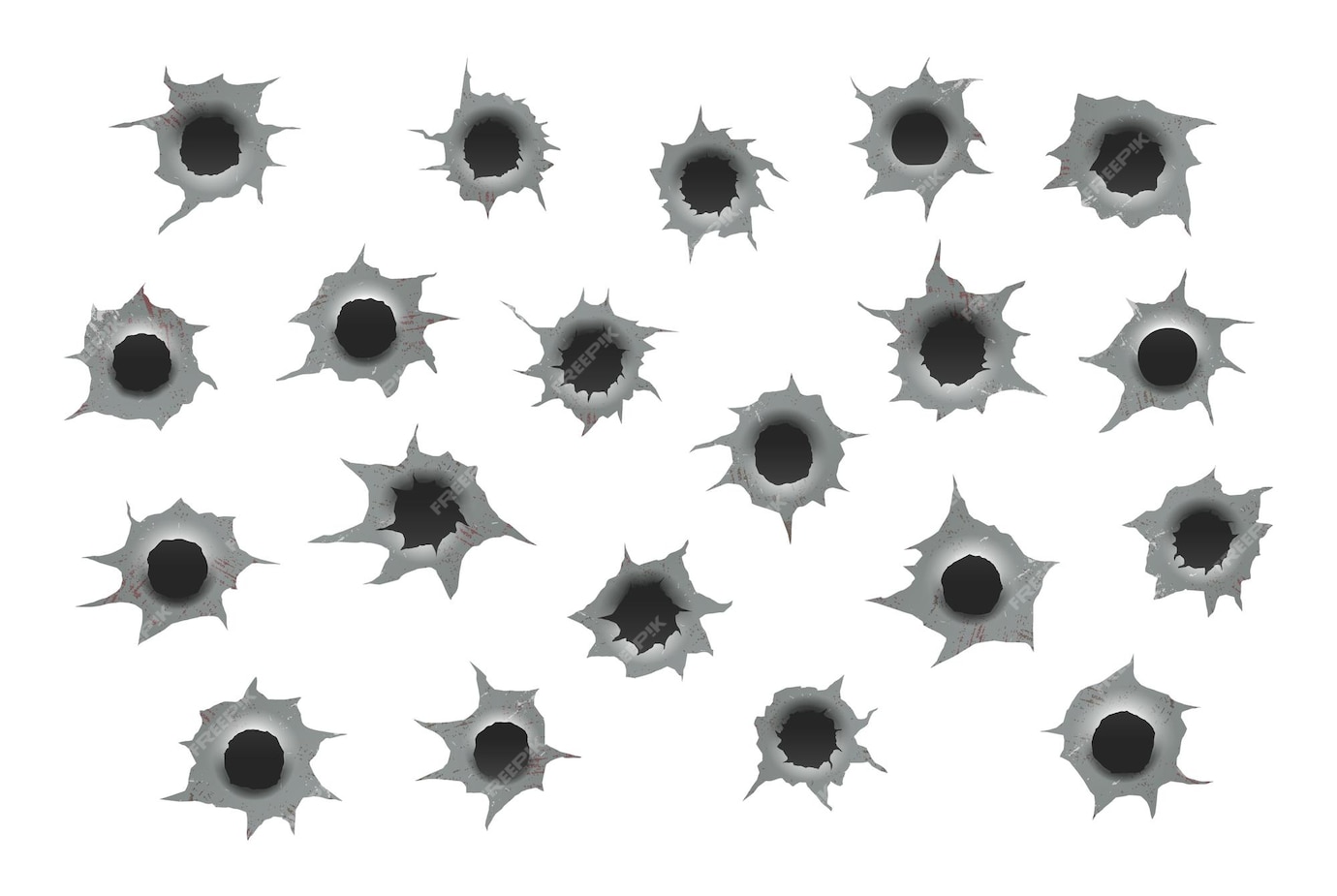 Premium Vector | Set of bullet holes. ragged hole in metal from bullets.