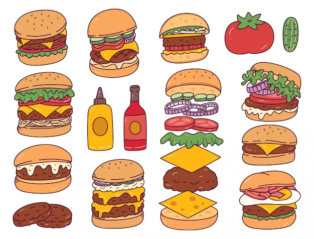 Premium Vector | Set of burger doodles