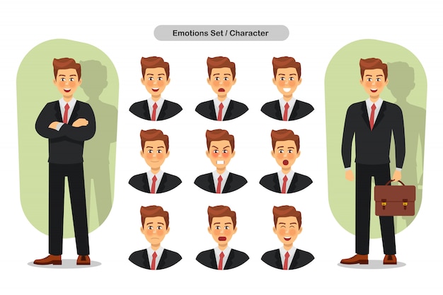 Set of business man facial different expressions. man emoji character Premium Vector