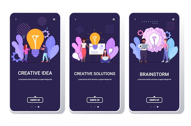 Set businesspeople holding bright bulb successful teamwork creative solutions big idea brainstorm co