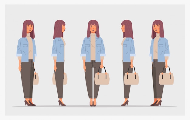 Set businesswoman with handbag front side view female character different views for animation Premiu