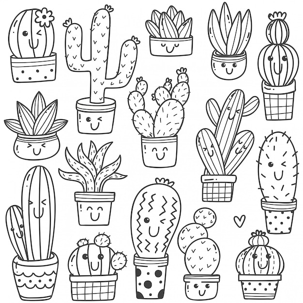 Premium Vector | Set of cactus plant in kawaii doodle