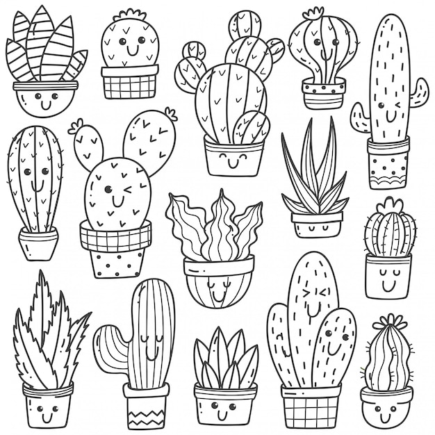 Premium Vector | Set of cactus plant in kawaii doodle