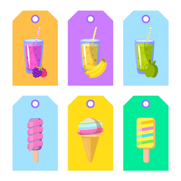 Set of cards banners tags package labels with cartoon ice cream and smoothies Premium Vector