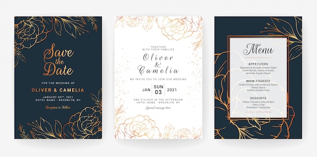 Set kartu dengan motif bunga garis.  desain template undangan pernikahan biru tua dari bunga dan daun emas mewah Vektor Premium