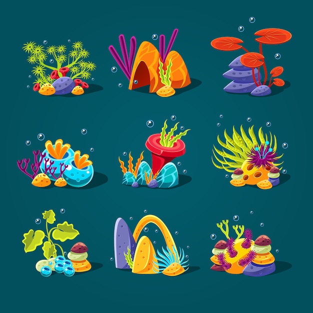 Premium Vector Set of cartoon algae, elements for aquarium decoration