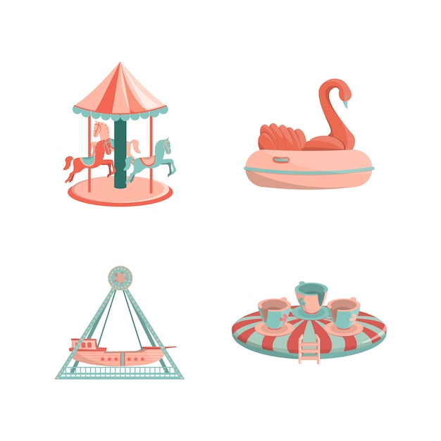 Set of cartoon amusement park rides icons | Premium Vector