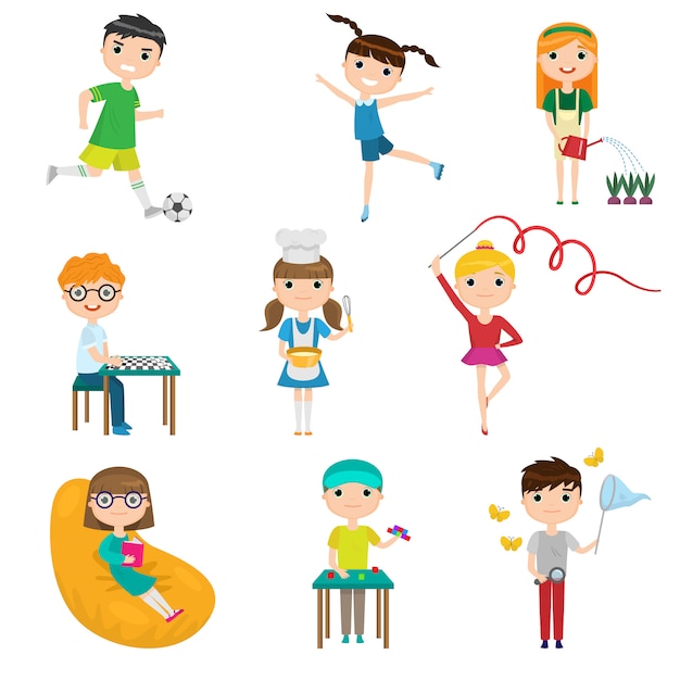 Set cartoon children with different hobbies against white background ...