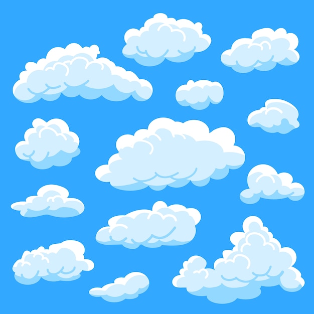 青 曇り空に漫画雲を設定します プレミアムベクター