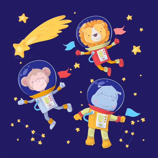 Set of cartoon cute animals monkey lion and hippo astronauts in space with stars and a comet Premium Vector
