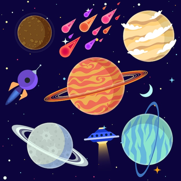 Premium Vector | Set of cartoon planets and space elements.