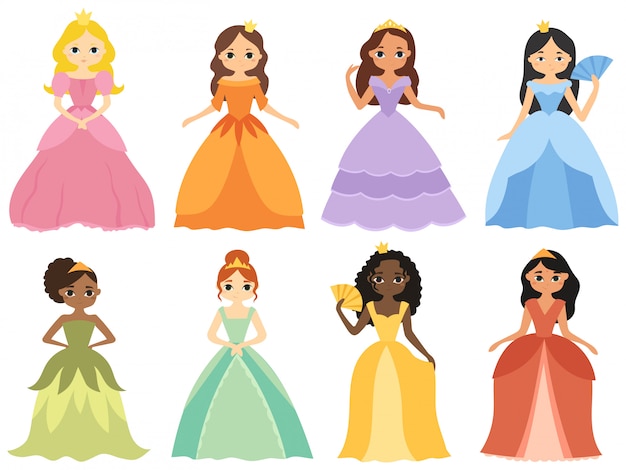 Premium Vector Set Of Cartoon Princess Collection Of Cute Girls In Beautiful Dresses 