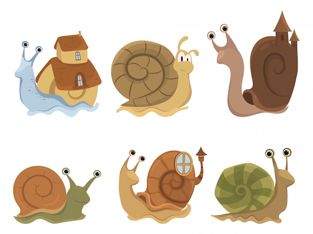 Premium Vector | Set of cartoon snails with houses. collection of cute