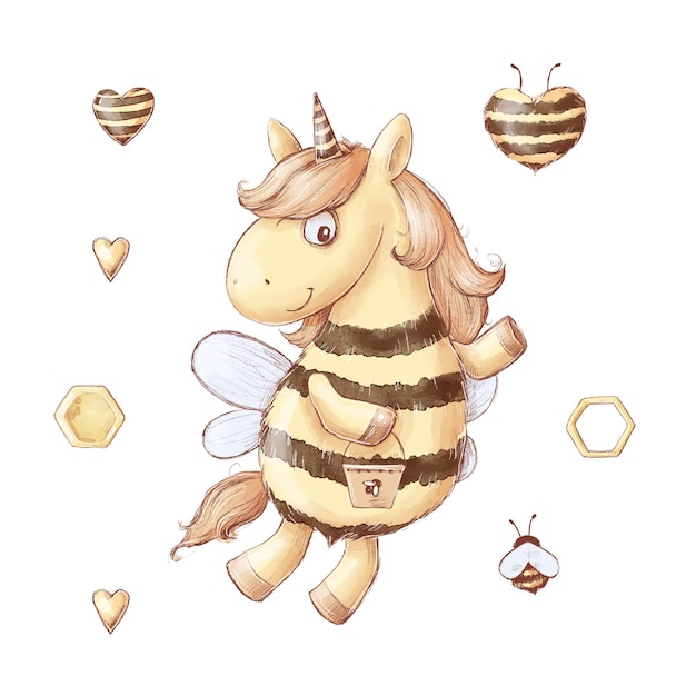 Premium Vector | Set of cartoon unicorn bee honey sweets. watercolor ...