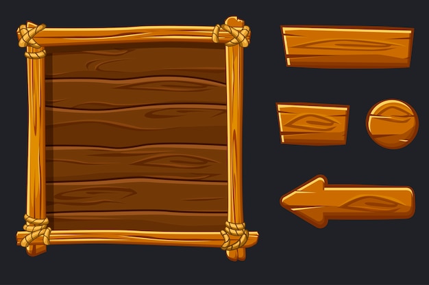 Set Cartoon Wood Assets Interface And Buttons For Ui Game Premium Vector