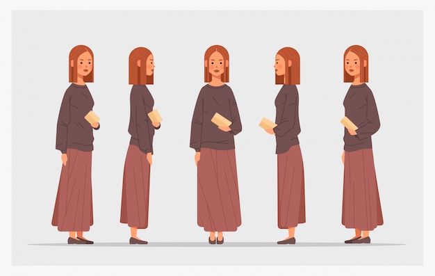 Set casual woman front side view female character different views for animation full length Premium 