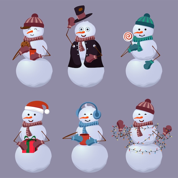 Premium Vector | Set cheerful snowmen in different costumes