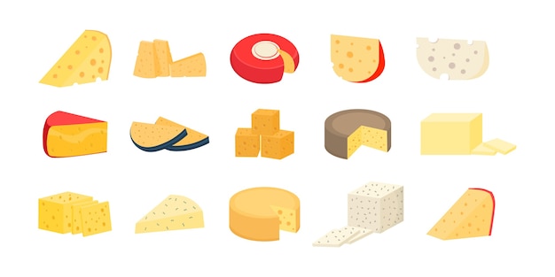 Premium Vector Set Of Cheese Wheels And Slices Isolated On A White Background Various Types Of Cheese Modern Flat Style Realistic Icons Fresh Parmesan Or Cheddar