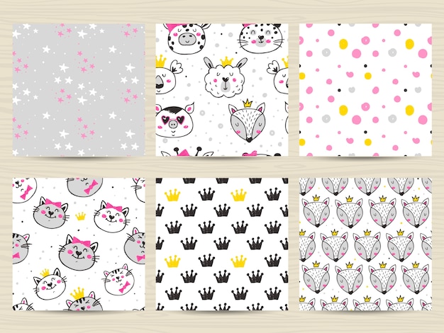 Set of childish seamless pattern with cats, foxes, llamas and koalas Premium Vector