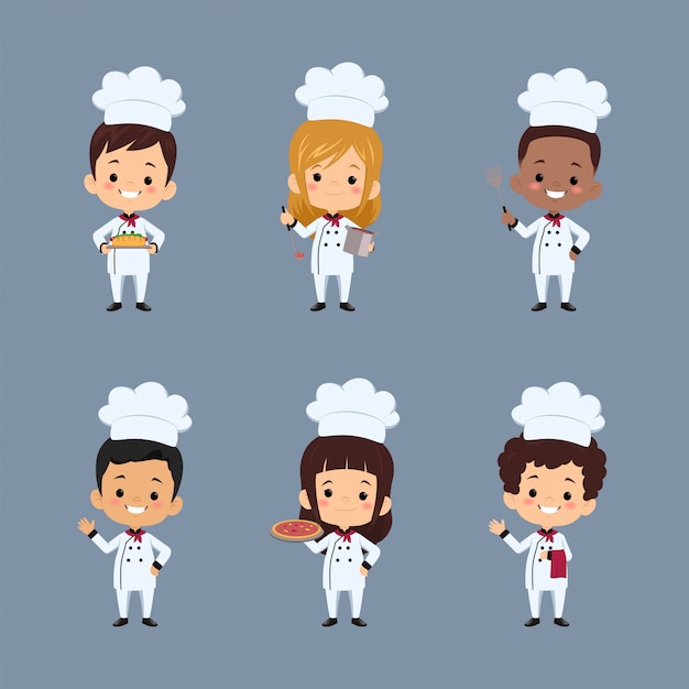 Premium Vector | Set of children chef cartoon character using apron ...