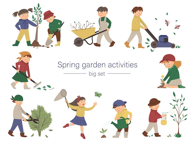 Premium Vector Set Of Children Doing Garden Work Spring Collection Of Kids With Gardening Tools Young Gardeners Planting Tree Watering Plants Raking Catching Butterfly