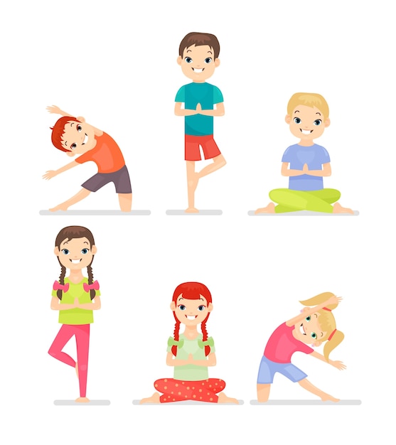 Premium Vector | Set of children doing yoga exercises