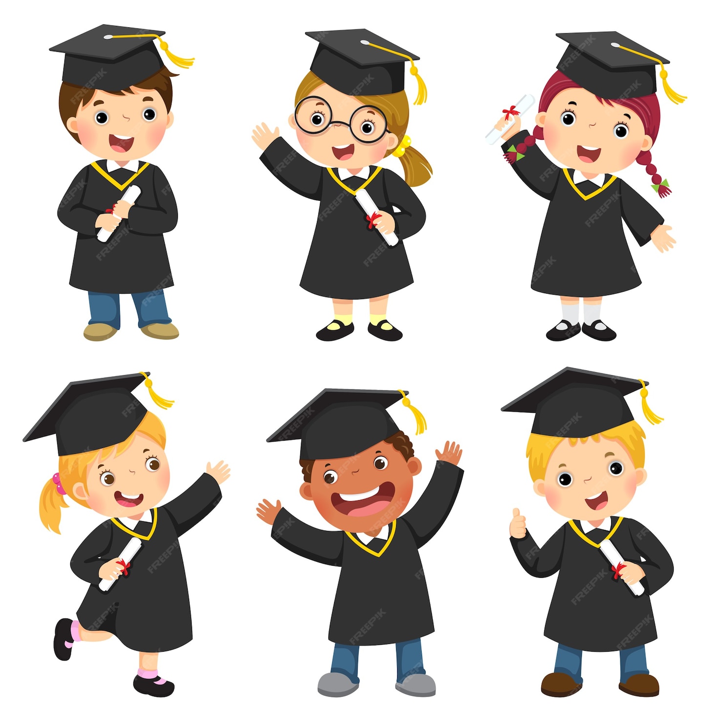Premium Vector | Set of children in a graduation gown and mortar board