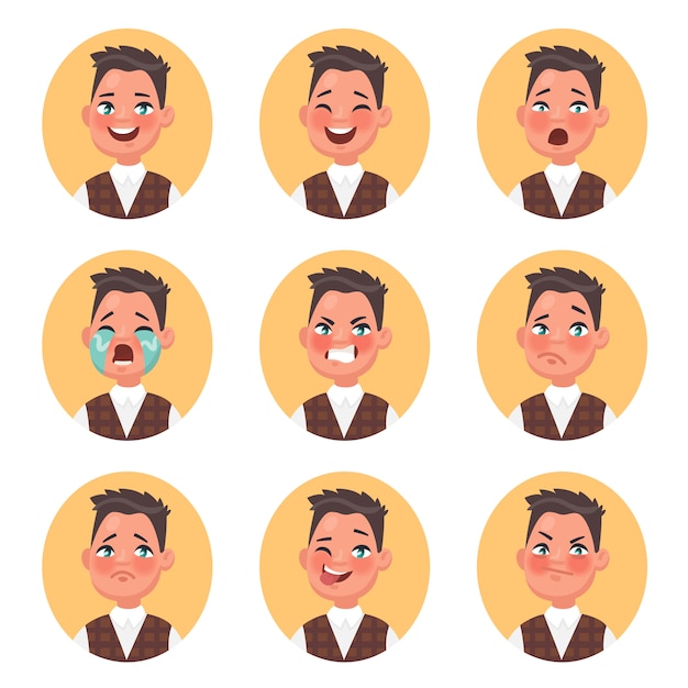 Set of children's boy avatars expressing various emotions. smile, laughter, fear, perplexity, anger,