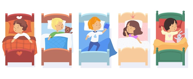 Set of children sleeping in beds Free Vector