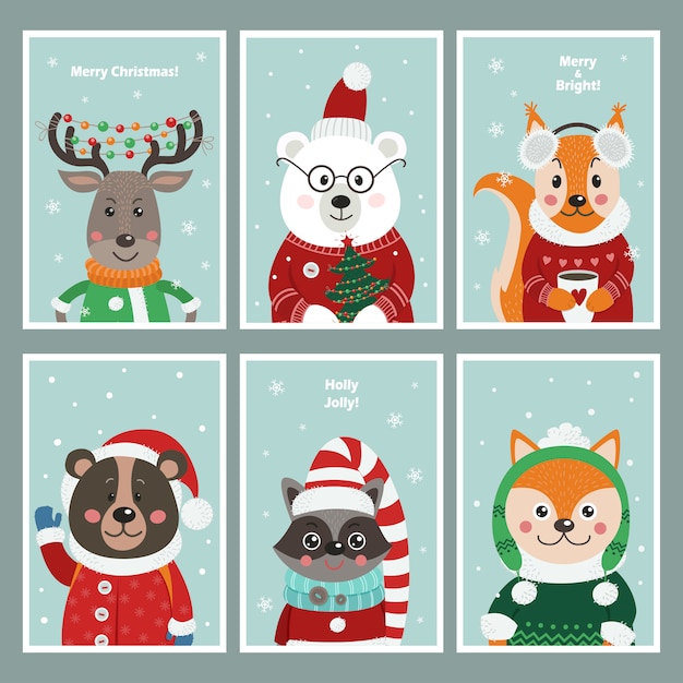 Premium Vector Set Of Christmas Cards With Cute Forest Animals