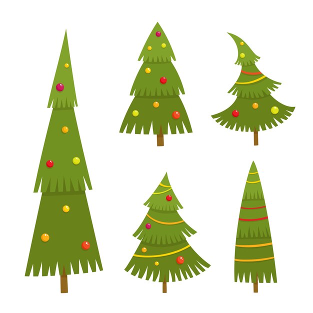 Premium Vector Set Of Christmas Tree In Cartoon Style Vector Illustration Isolated On White Background Different Green Fir Trees With Balls And Garlands Used For Magazine Or Book Poster And Card
