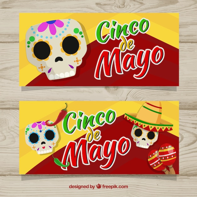 Free Vector | Set of cinco de mayo banners with colorful skulls