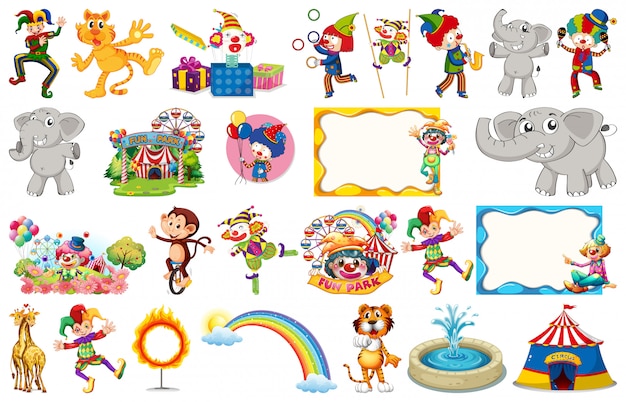 Set of circus animals, characters, objects and frames Premium Vector