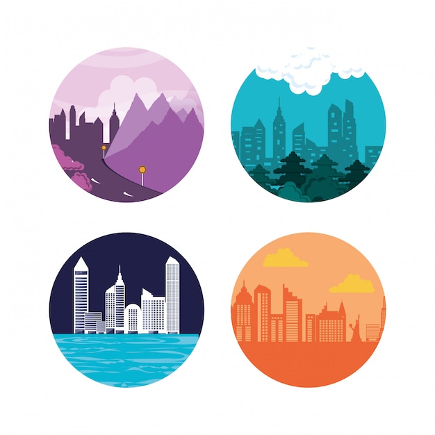 Premium Vector | Set cityscapes with buildings icon