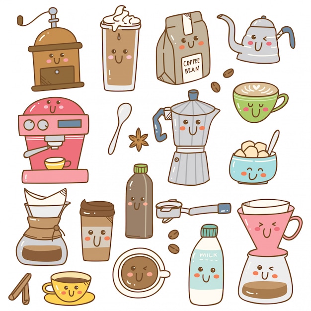 Set Of Coffee Equipment In Kawaii Doodle Style 