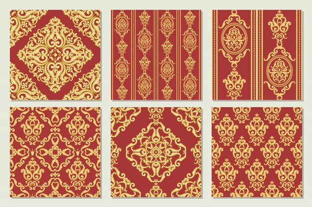 Set collection of seamless damask patterns. gold and red textures in vintage rich royal style. vector illustration. Premium Vector