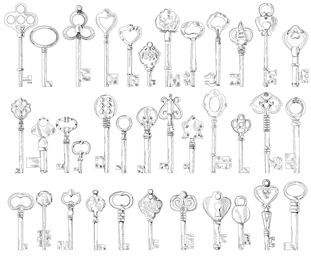 Premium Vector | Set, collection, sketch, vintage keys