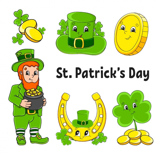 Premium Vector Set Of Color Stickers For Kids St Patrick S Day Leprechaun With A Pot Of Gold Gold Coin Clover Hat Golden Horseshoe