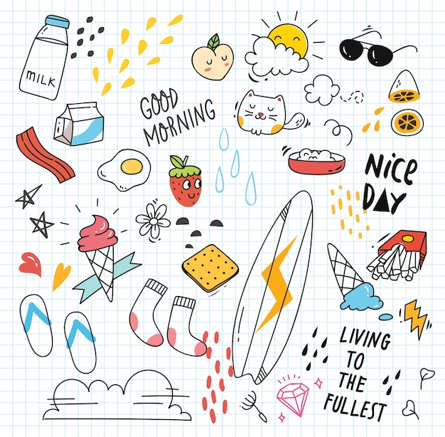 Set of colorful doodle on paper background | Premium Vector