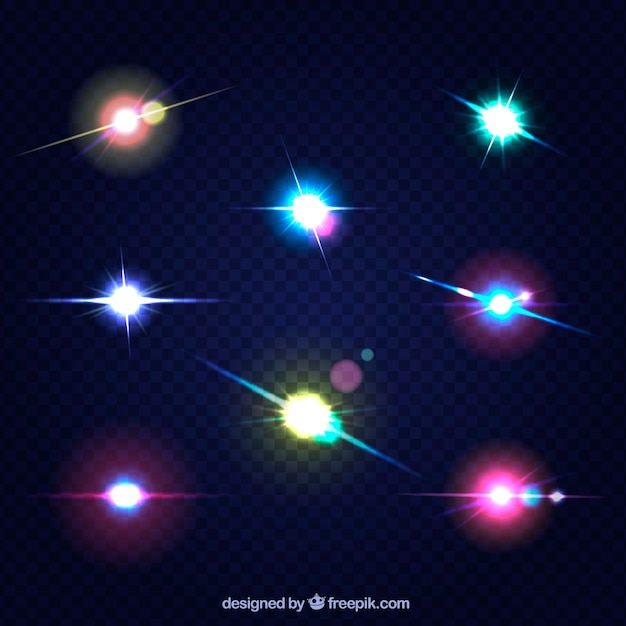 Set of colorful lens flare with realistic style | Free Vector